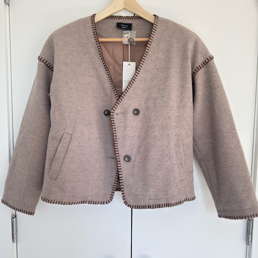 Vici Women's Beige Cardigan with Brown Trim - Picture 4 of 14